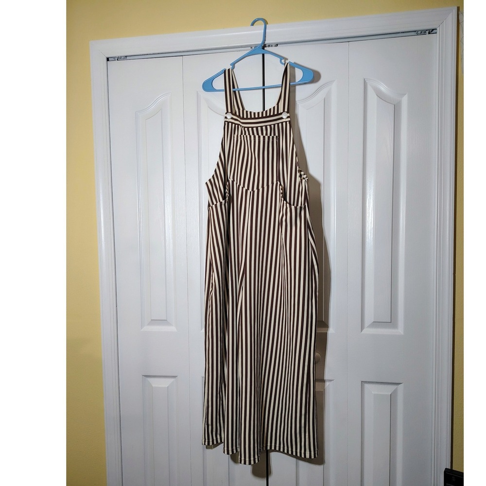 Halara Brown Striped Wide Leg Overalls XL Petite Sleeveless Pockets Jumpsuit